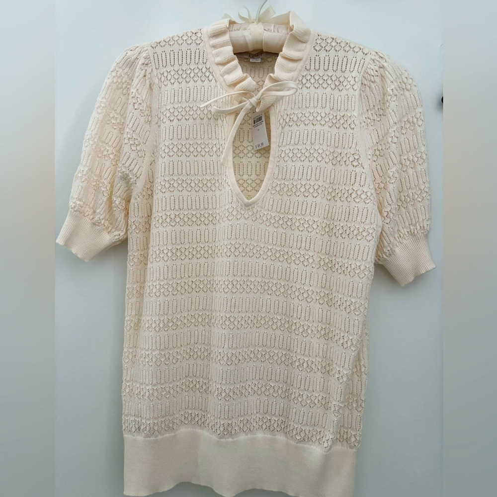 LOFT women’s short sleeve, cream eyelet sweater with tie, size medium